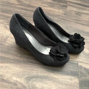 Lindsay Phillips Black Wedges with Floral Detail